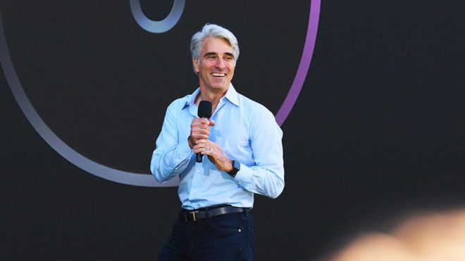 An image of Craig Federighi with mic, the man who is the reason for the TikTok Apple Guy Running Trend