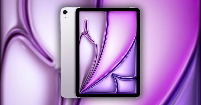 A light pink iPad Air featuring a pink and purple pattern on the display.