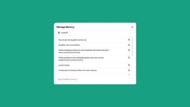 An image of the memory feature menu in ChatGPT