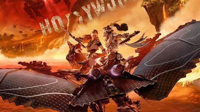 Aloy and friend riding a winged machine in front of a Hollywood sign in Burning Shores