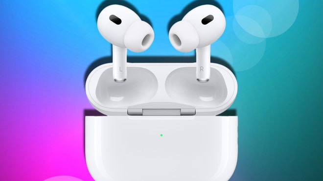 A pair of white Apple Airpods sitting in a charging case.