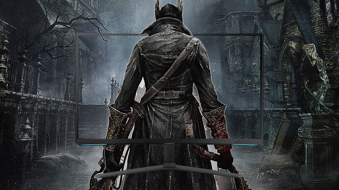The Hunter from Bloodborne standing inside a Samsung Odyssey G8 monitor for PC