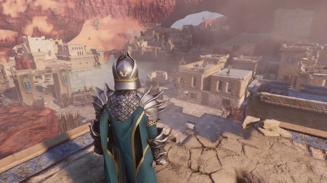 Enshrouded player wearing suit of armour with buildings in background