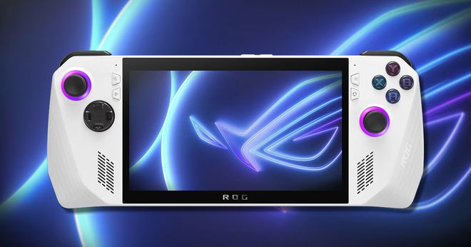 A white handheld ASUS PC with purple lights around the thumbsticks.