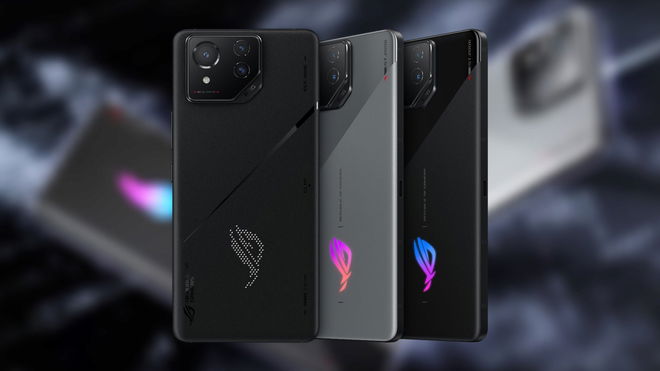 ASUS ROG Phone 8 line up in front of a press image