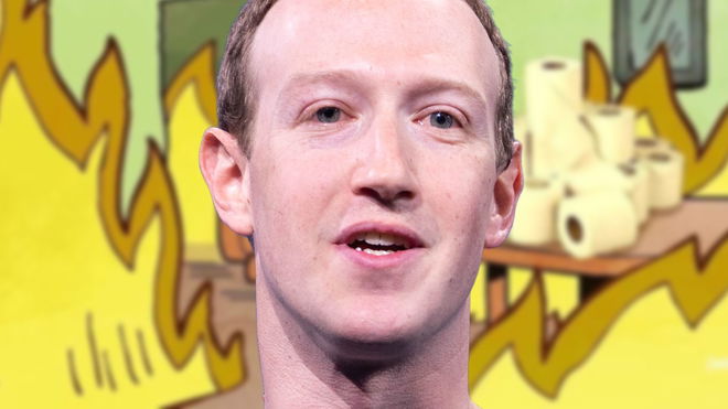 Meta CEO Mark Zuckerberg on top of the “This is Fine” meme 