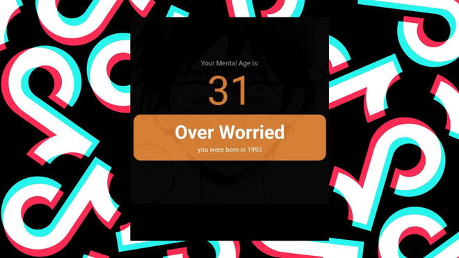 A TikTok-themed background with the result of a Mental Age Test displayed in the center. 