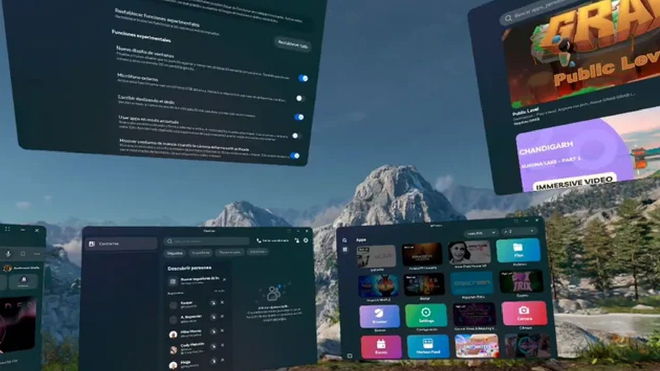 A screenshot within a Meta Quest 3 VR headset showing different windows of the Meta menu pinned in various locations around