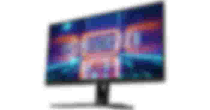 GIGABYTE M27Q X product image of a black monitor with neon blue GIGABYTE branding in front of orange light on the display.