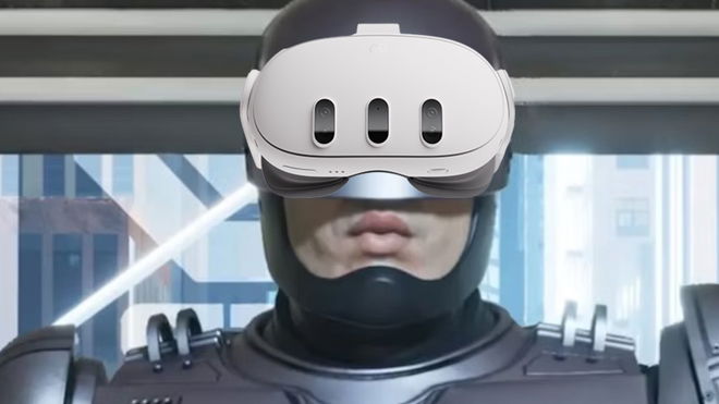 A profile shot of RoboCop wearing a meta quest 3 vr headset