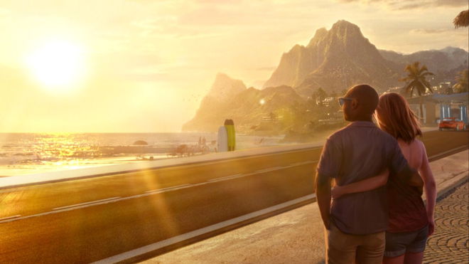 Life By You characters staring off into the setting sun in a tropical area by the sea