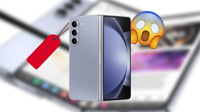 Samsung Fold 5 with a red sale tag in front of a gasping emoji