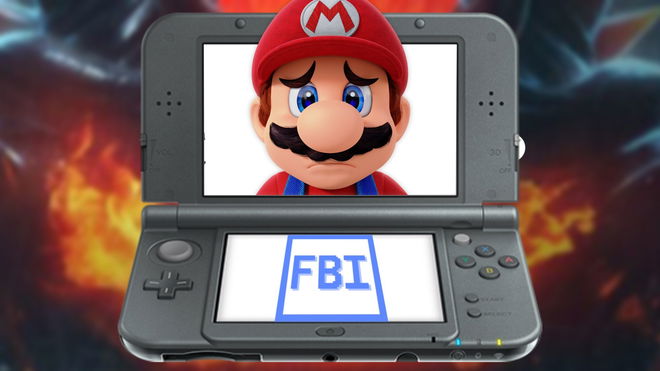 Sad Mario Render and the 3DS FBI homebrew logo on 3DS screens