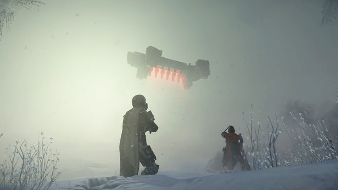 Helldivers 2 EAT - An image of two helldivers looking up at a spaceship