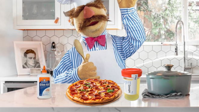 Swedish Chef making a Pizza with a cup of urine and a bottle of glue next to it