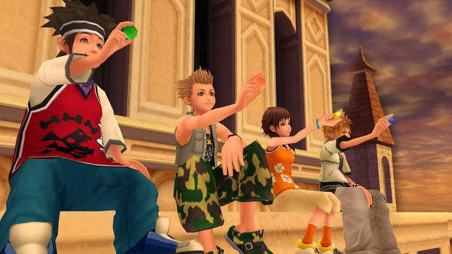Pence, Hayner, Olette and Roxas sitting atop the Twilight Town clock tower in the Kingdom Hearts 2 intro 