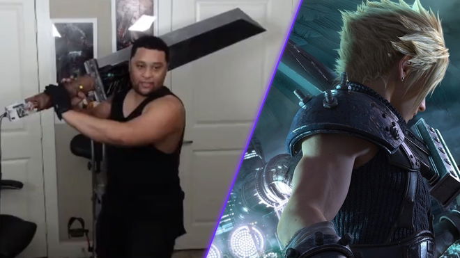 Super Louis 64 holding a final fantasy 7 buster sword controller next to cloud strife