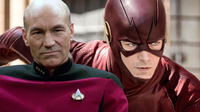 Picard from Star Trek in his iconic outfit next to an image of CW's The Flash preparing to run