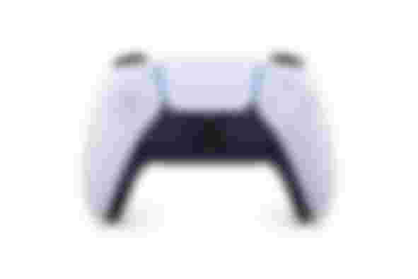 PlayStation 5 DualSense product image of white and black gamepad featuring a blue light.
