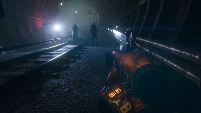 A first-person look at a Metro character aiming a pistol 