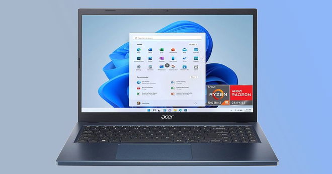 A Steam Blue Acer laptop with black keys in front of a gradient blue background.