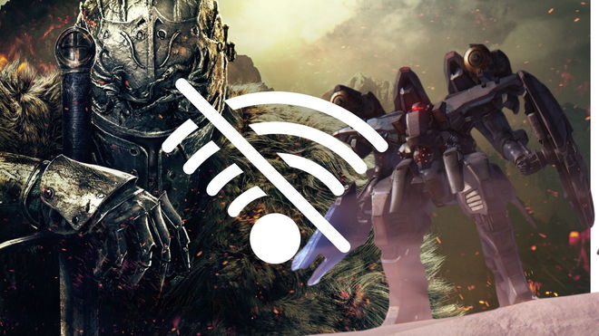 Dark Souls and Armored Core characters with a wifi off symbol over them