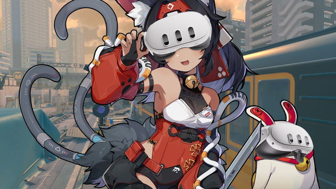 Nekomata and a Bangboo from Zenless Zone Zero wearing Meta Quest 3 VR headsets