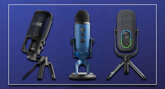 A black RØDE-branded mic next to a blue Logitech mic and a grey JLab mic, all in front of a blue background