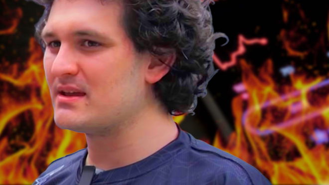FTX CEO Sam Bankman-Fried on a flaming background of the crypto crash 