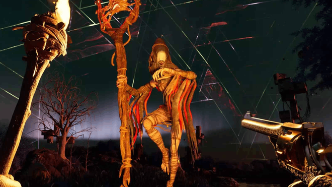 nightingale gun and torch pointing at humanoid enemy