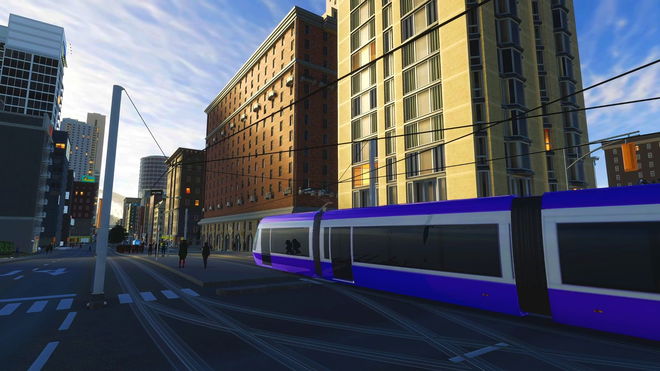 Cities Skylines 2: a blue tram moves past some large buildings in a city.