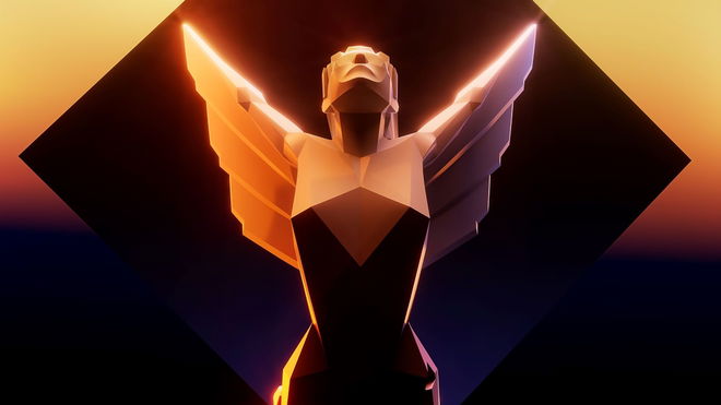 The Game Awards statue facing forwards on colourful background