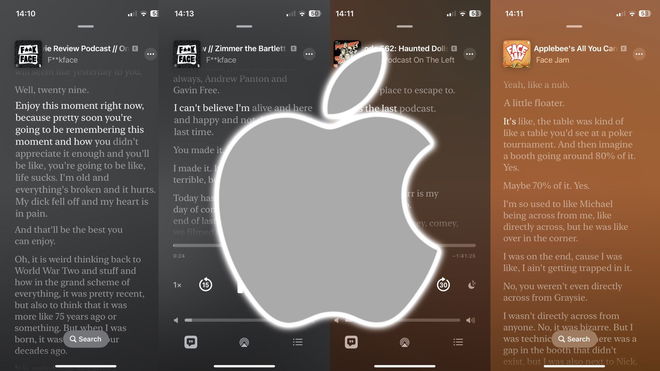 The Apple logo on a selection of Apple Podcasts 17.4 auto transcripts 
