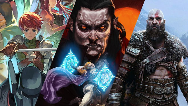 A collage of the best games of 2022 showing chained Echoes; Vampire survivors and god of war 