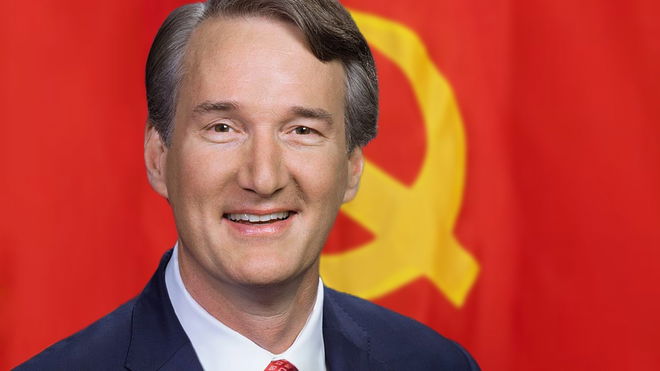 Virginia Governor Glenn Youngkin on top of a communist flag