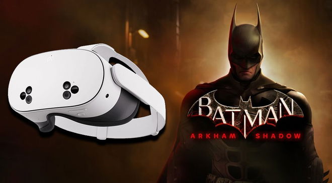 A white Meta Quest 3S VR headset next to Batman with Batman: Arkham Shadow branding in light yellow and red in front of it.