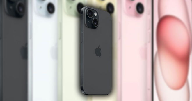 A black iPhone 15 with a blurry image of different colourways in the background.