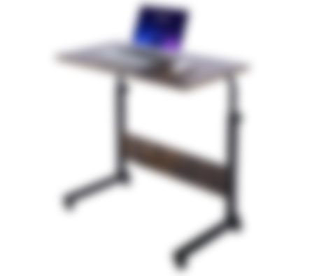 AIZ Portable Desk product image of a black and dark brown adjustable desk with a silver MacBook and white mouse on top.