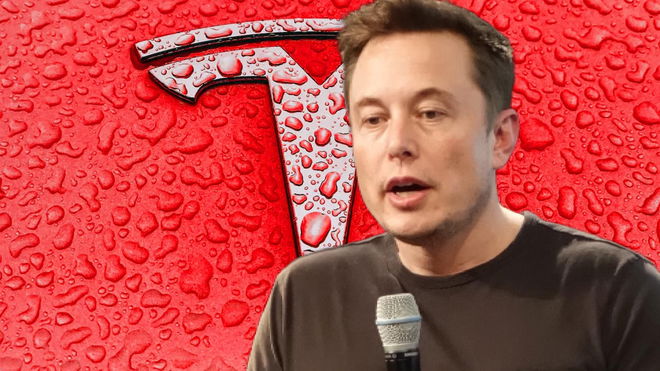 Tesla CEO Elon Musk on a red Tesla car 