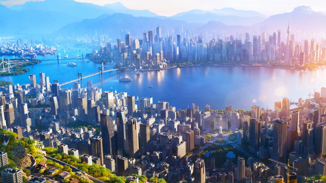 Aerial view of a city in Cities Skylines 2