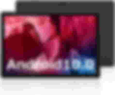 ZZB product image of a black tablet shot from the front and back with "Android 10.0" in white in front of a blue and red background on the display.
