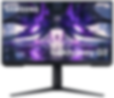 Samsung Odyssey G3 Series product image of a black monitor with a purple-lit Sci-Fi walkway with someone walking down it on the display.