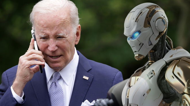 joe biden on phone next to robot with blue eyes