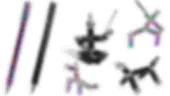 One black and one iridescent pen with demonstrations of them folded into different shapes next to them.