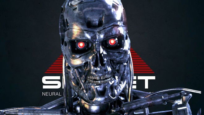 A close up of the T-800 Robot from Terminator series in front of the Skynet logo