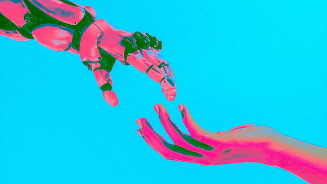 Robot and human hand meeting.