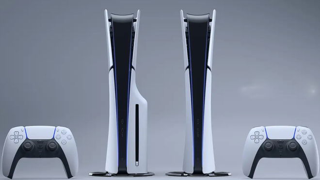 SONY PS5 Slim and PS5 Slim digital edition on a greyscale background 