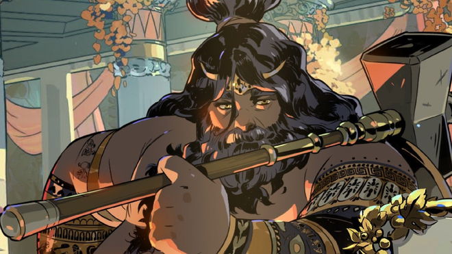 Hephaestus' portrait in Hades 2, with him holding a large hammer over his shoulder.