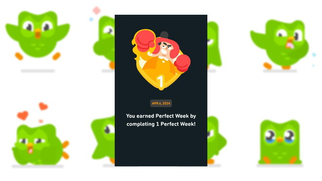 An image of a Duolingo achievement badge, displaying a cartoon boxer with the number 1, and text stating “You earned Perfect Week by completing 1 Perfect Week!”