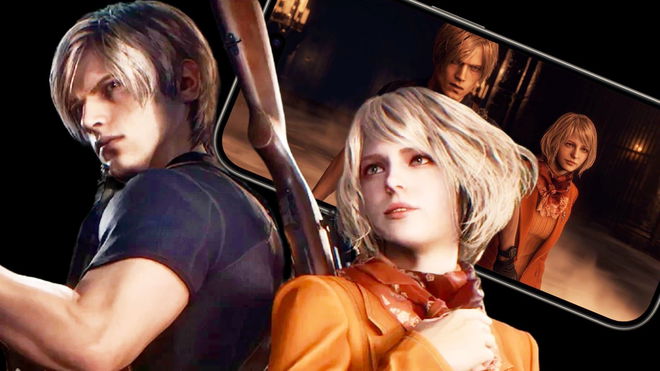 Resident Evil 4 Remake iPhone port in the background behind images of Leon Kennedy and Ashley